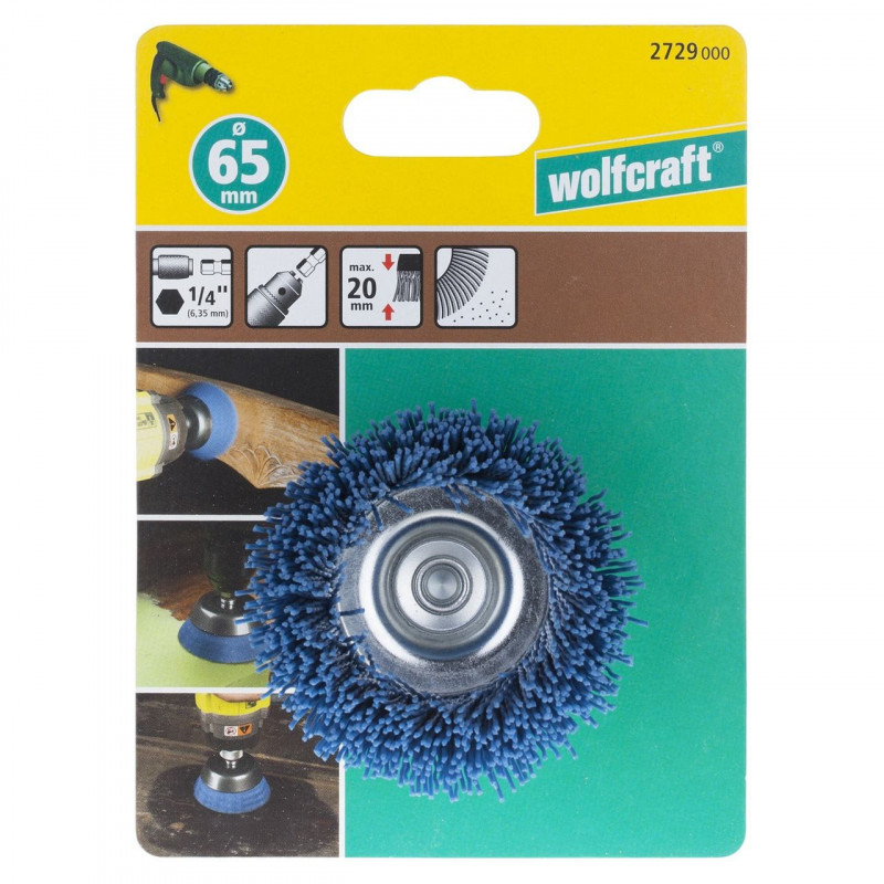 Szczotka doczołowa 65 mm/6 mm Wolfcraft - drut pokryty nylonem Szczotka doczołowa 65 mm/6 mm Wolfcraft - drut pokryty nylonem