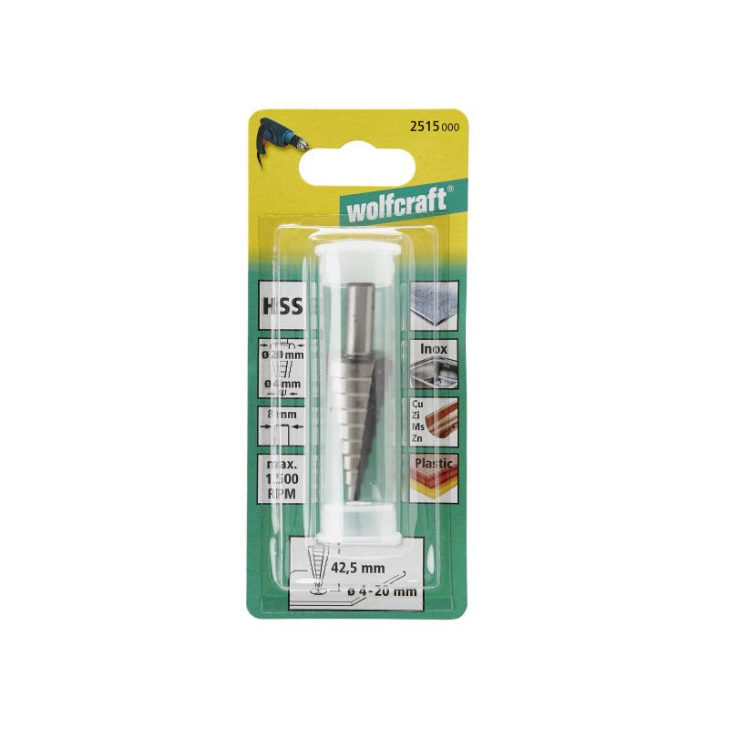Wiertło stopniowane HSS 4-20 mm Wolfcraft, trzpień 8 mm Wiertło stopniowane HSS 4-20 mm Wolfcraft, trzpień 8 mm