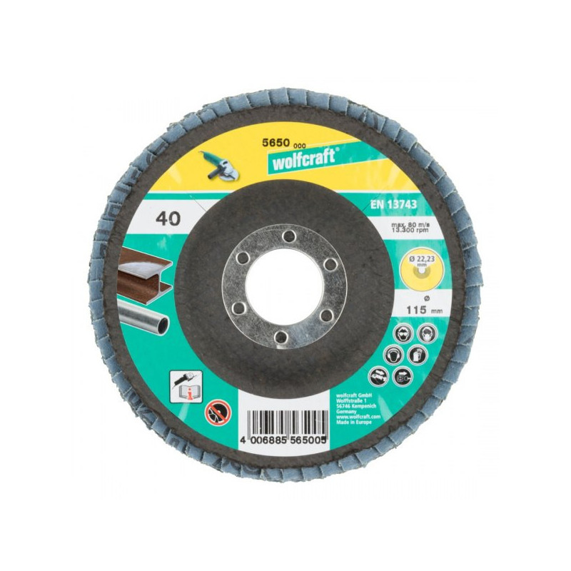 Tarcza lamelkowa, Gr. 40, Fi 115mm Wolfcraft na szlifierkę kątową Tarcza lamelkowa, Gr. 40, Fi 115mm Wolfcraft na szlifierkę kątową