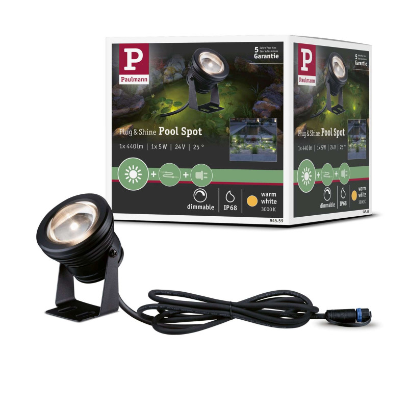 Oprawa do oczka wodnego Plug & Shine POOL SPOT 5W 3000K 440lm IP68 24V czarny / aluminium Oprawa do oczka wodnego Plug & Shine POOL SPOT 5W 3000K 440lm IP68 24V czarny / aluminium