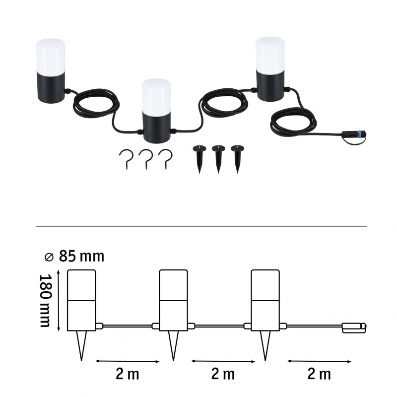Łańcuch świetlny Plug & Shine TUBS 3x2W 3000K E14 IP44 24V antracyt / aluminium Łańcuch świetlny Plug & Shine TUBS 3x2W 3000K E14 IP44 24V antracyt / aluminium