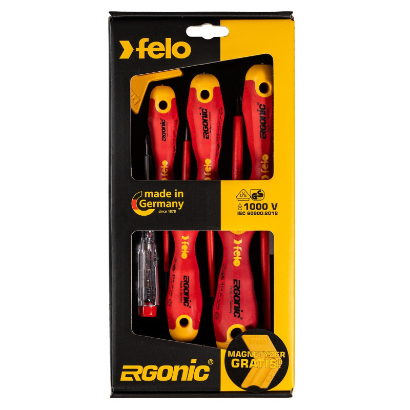 Zestaw 5 wkrętaków FELO Ergonic VDE + próbnik napięcia 220-250V + magnetyzer Zestaw 5 wkrętaków FELO Ergonic VDE + próbnik napięcia 220-250V + magnetyzer