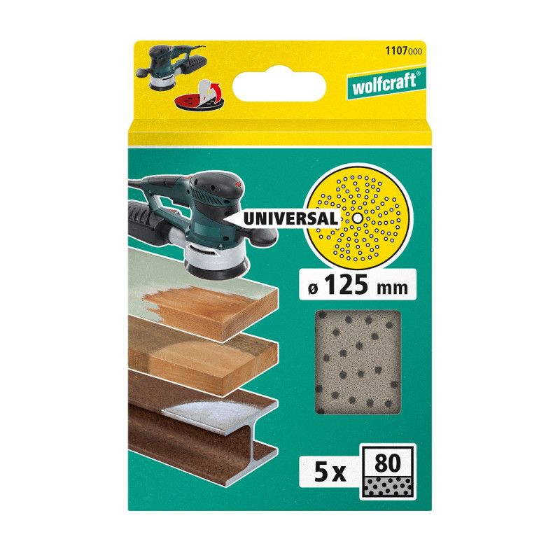 Wielootworowe krążki ścierne gr. 80 do szlifierek mimośrodowych na rzep, fi 125 mm (5 sztuk) Wolfcraft Wielootworowe krążki ścierne gr. 80 do szlifierek mimośrodowych na rzep, fi 125 mm (5 sztuk) Wolfcraft