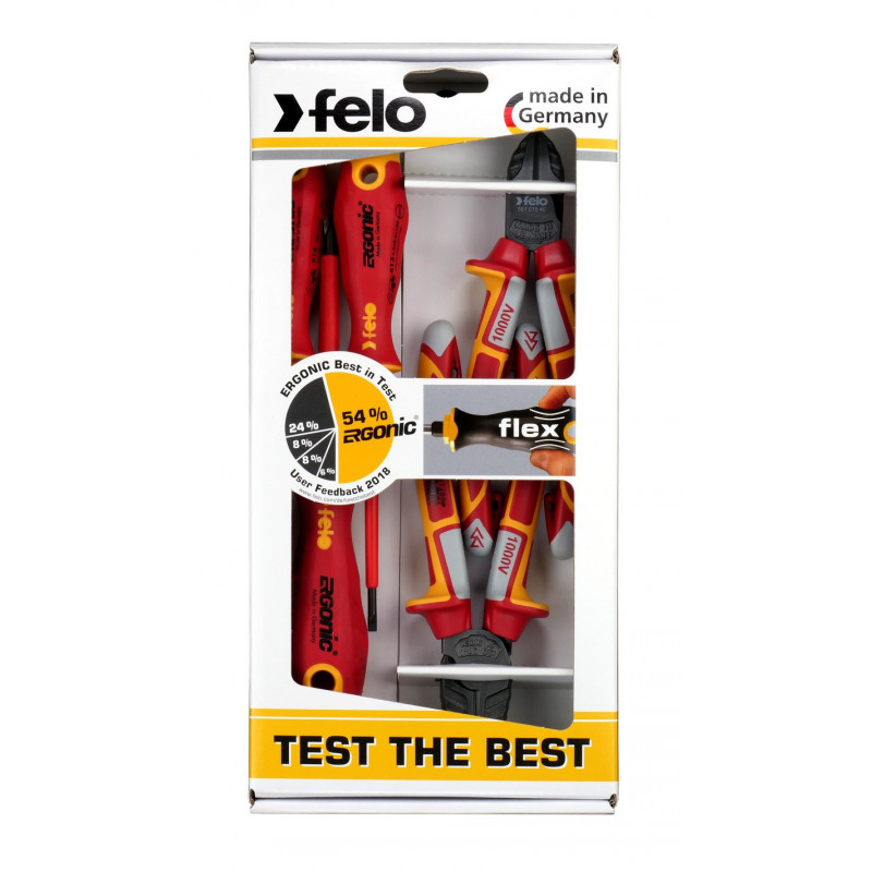 Zestaw 3 wkrętaków FELO - ERGONIC VDE 4,0/PH1/PH2 + obcinaczki boczne VDE 160 / kombinerki VDE 180 + magnetyzer Zestaw 3 wkrętaków FELO - ERGONIC VDE 4,0/PH1/PH2 + obcinaczki boczne VDE 160 / kombinerki VDE 180 + magnetyzer