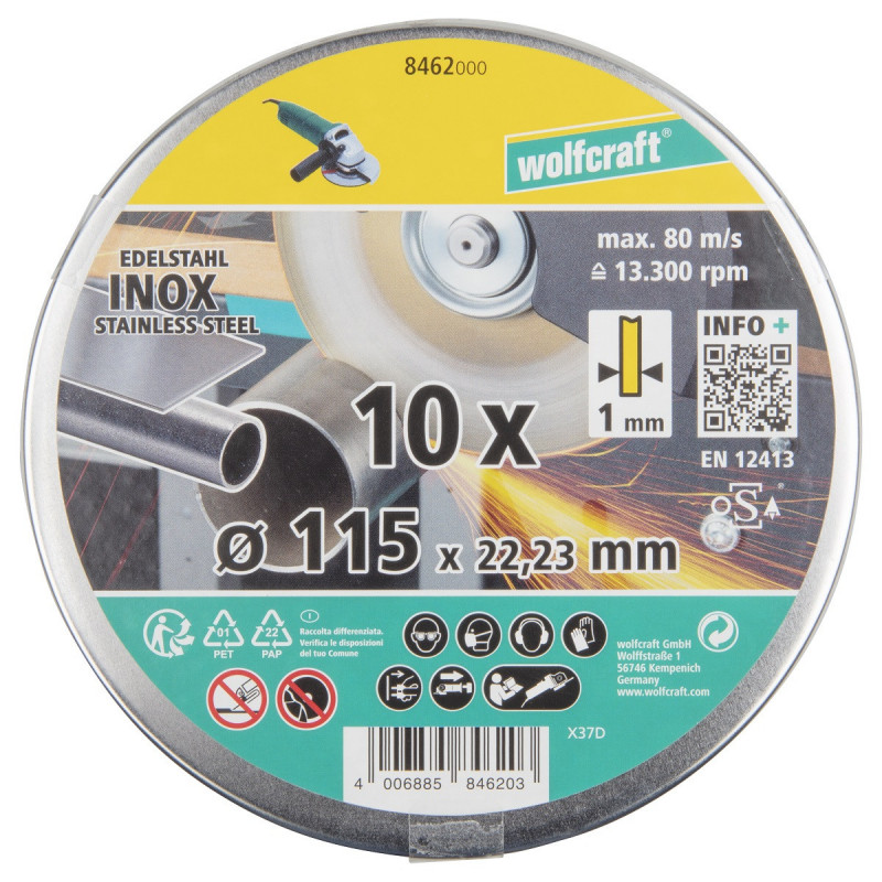 Tarcza korundowa 115x1 do cięcia stali nierdzewnej 10 sztuk, WOLFCRAFT Tarcza korundowa 115x1 do cięcia stali nierdzewnej 10 sztuk, WOLFCRAFT