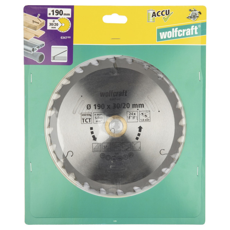 Tarcza HM do pilarek akumulatorowych 190 x 30/20 x 1,8 / ilość zębów: 24 seria lila Wolfcraft Tarcza HM do pilarek akumulatorowych 190 x 30/20 x 1,8 / ilość zębów: 24 seria lila Wolfcraft