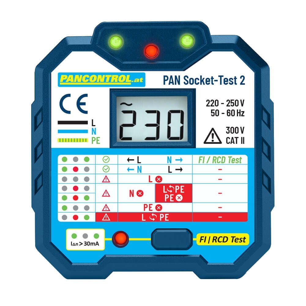Tester gniazdek PANSOCKET-TEST-2 RCD 30 mA  KAT II 300 V 90-250V