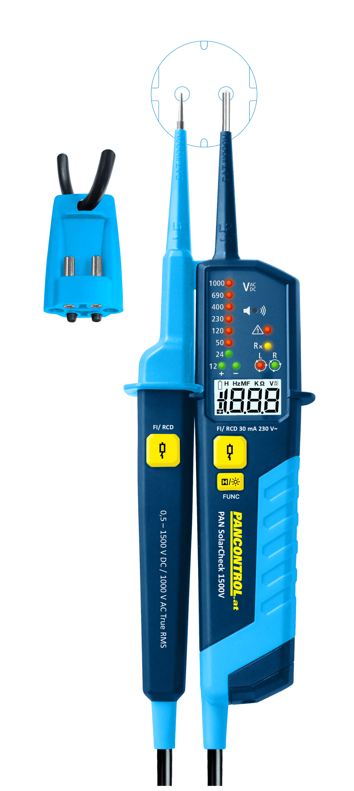 Tester napięcia i ciągłości obwodu PAN SOLARCHECK 1500V LED i LCD - 1000 V AC / 1500 V DC / wskaźnik kolejności faz / test (RCD) 30 mA