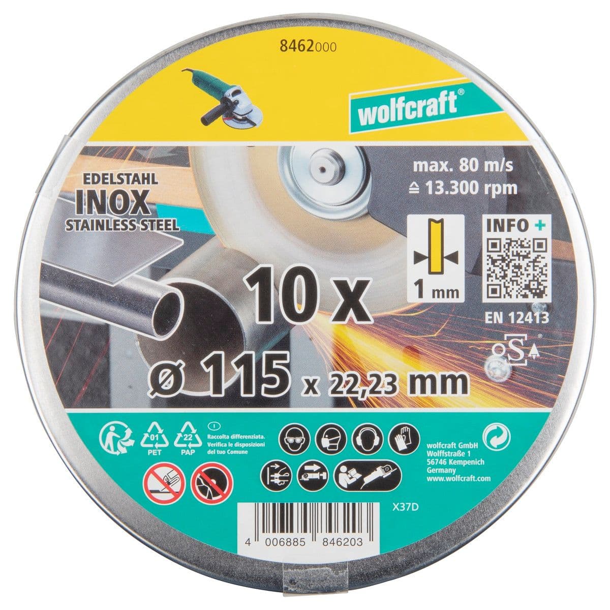 Tarcza korundowa 115x1 do cięcia stali nierdzewnej 10 sztuk, WOLFCRAFT