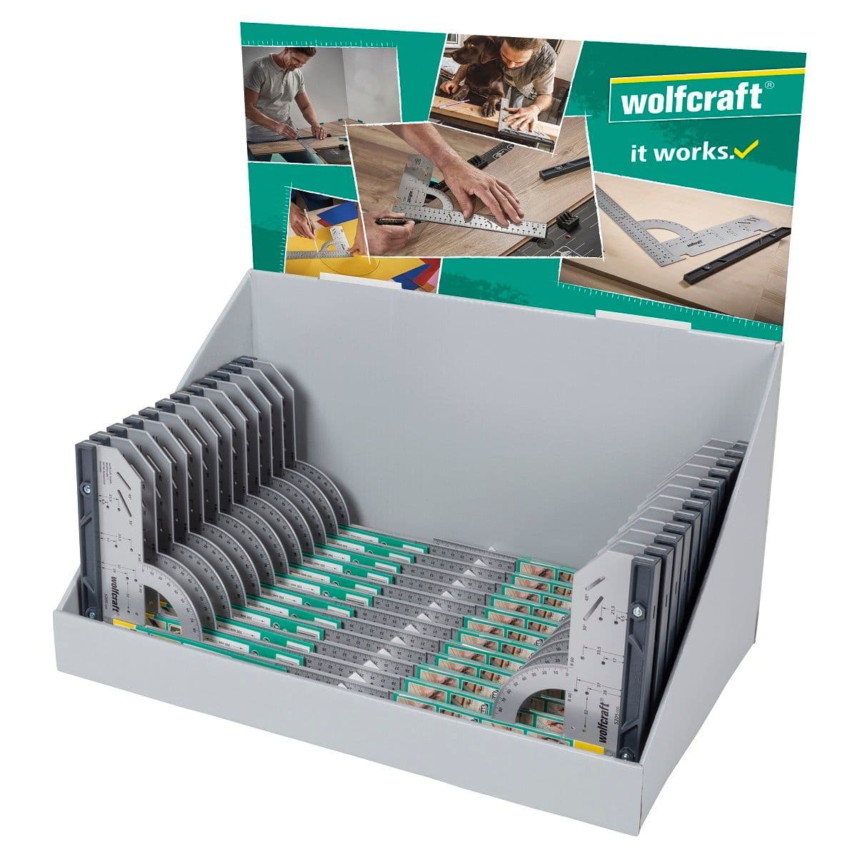 Kątownik uniwersalny 200 x 300 mm Wolfcraft, display 24 sztuki