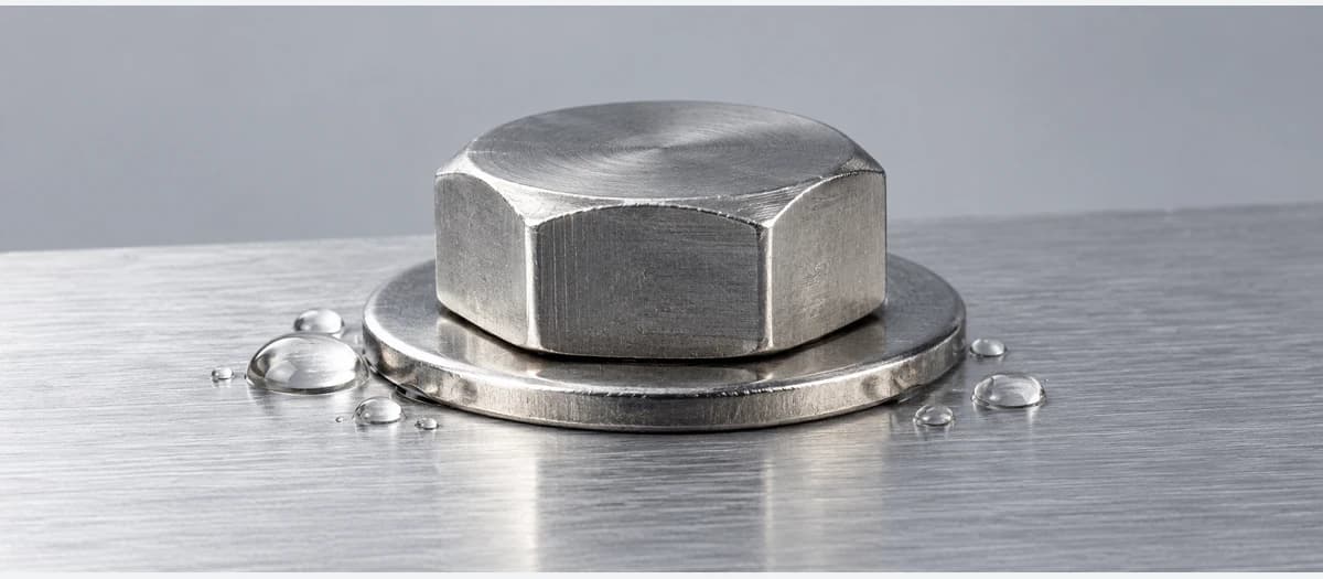 Łeb śruby z podkładką na aluminiowej części i krople wody przy styku metali